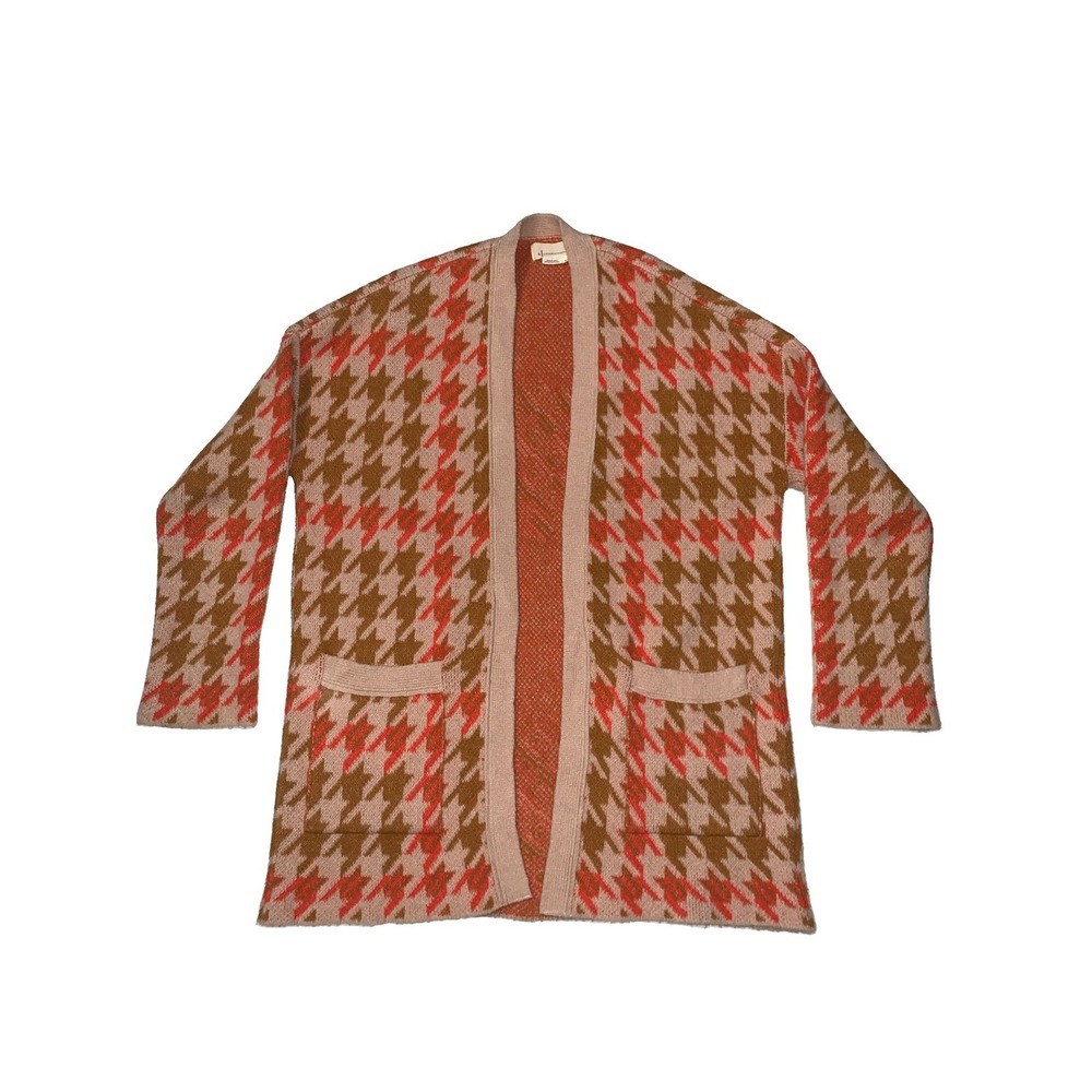 Anthropologie Edith Houndstooth Orange Tan Cardigan Fall Sweater Size XS Pockets